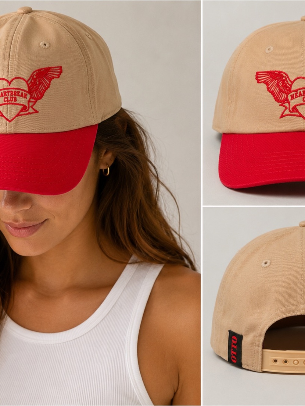 Free People Tan and Red Embroidered Heart Wing Baseball Hat